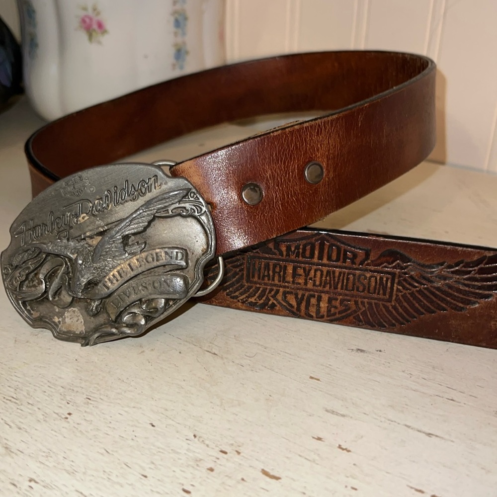 1990 90s Harley Davidson leather belt & belt buckle eagle wings legend